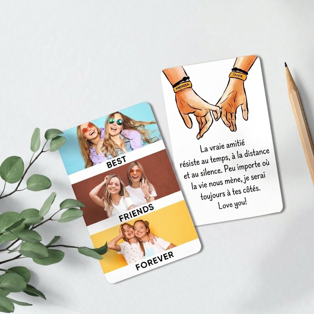 Carte en aluminium personnalisée recto-verso avec un message et 3 photos - Friends