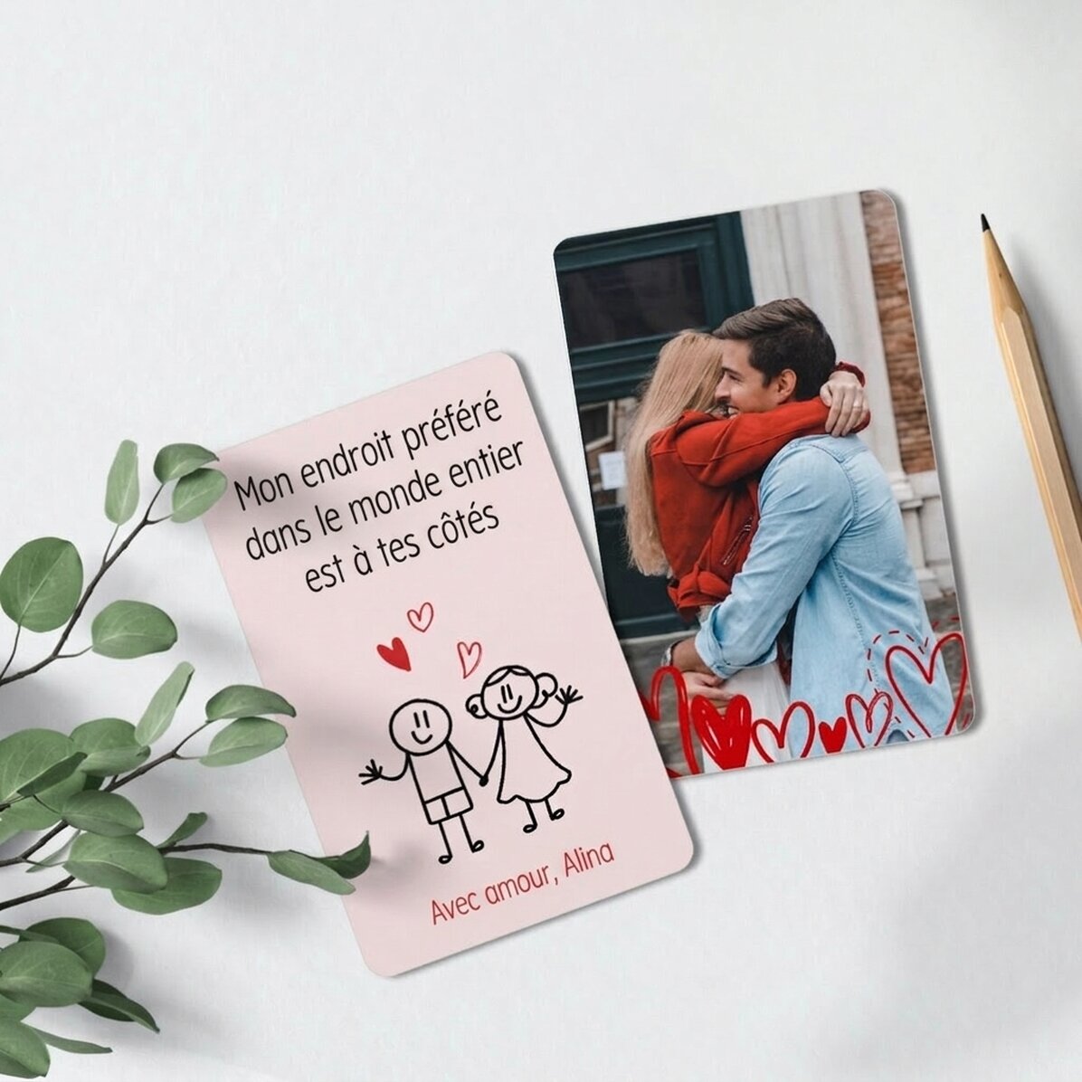 Carte en aluminium personnalisée recto-verso avec un message et une photo