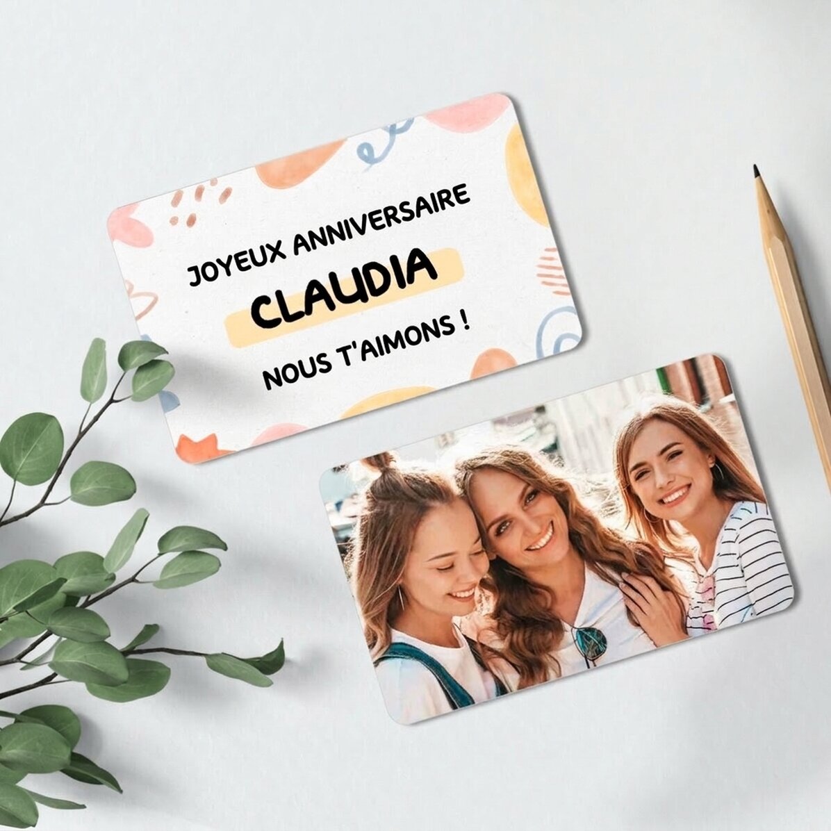 Carte en aluminium personnalisée recto-verso avec message et photo - Anniversaire