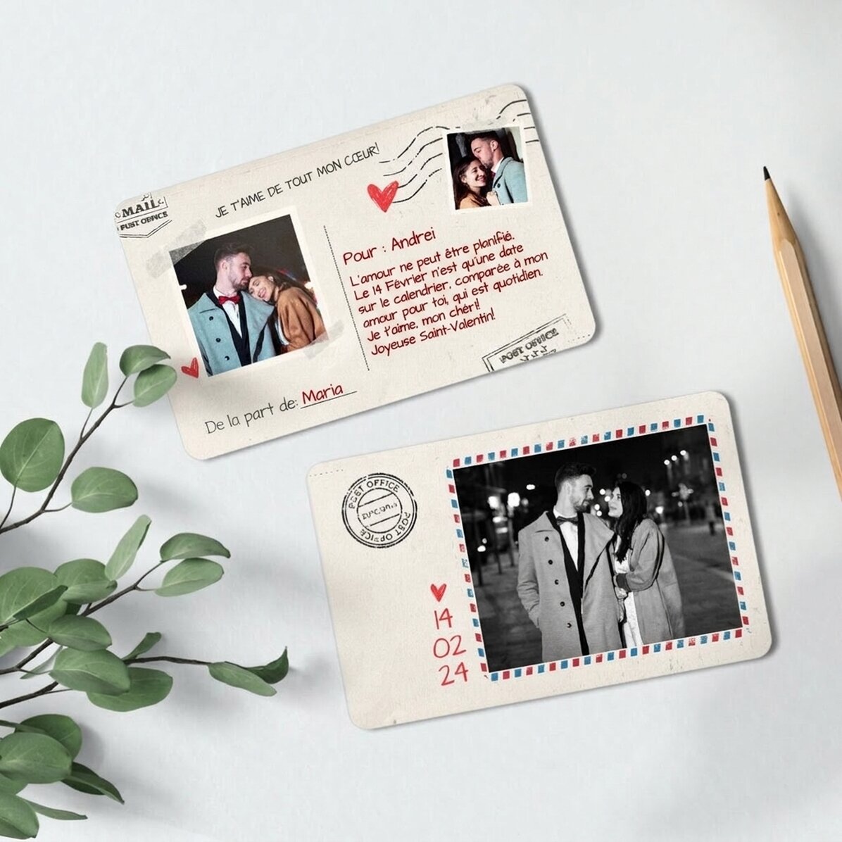 Carte en aluminium personnalisée recto-verso avec texte et deux photos - Carte postale