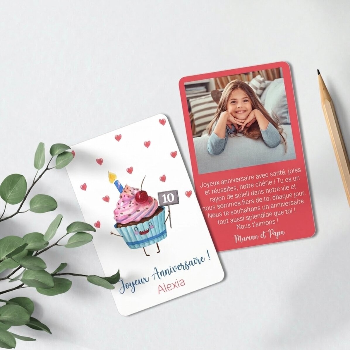 Carte en aluminium personnalisée recto-verso avec un message et une photo - Cupcake