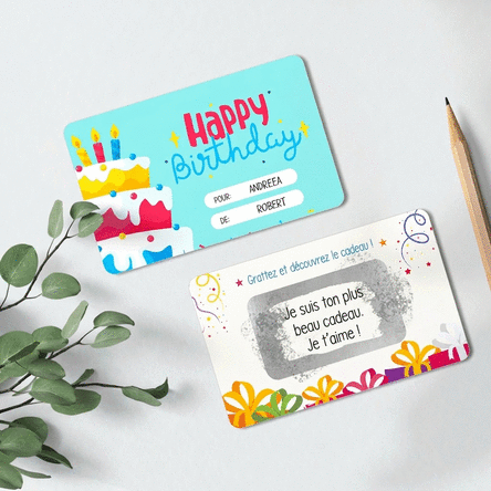 Carte en aluminium à gratter personnalisée recto-verso avec message - Joyeux anniversaire