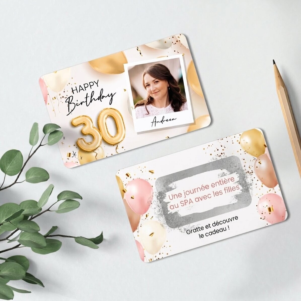 Carte en aluminium à gratter personnalisée recto-verso avec photo et message - Joyeux anniversaire