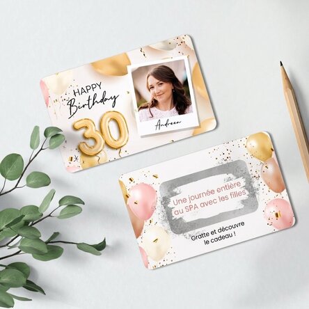 Carte en aluminium à gratter personnalisée recto-verso avec photo et message - Joyeux anniversaire