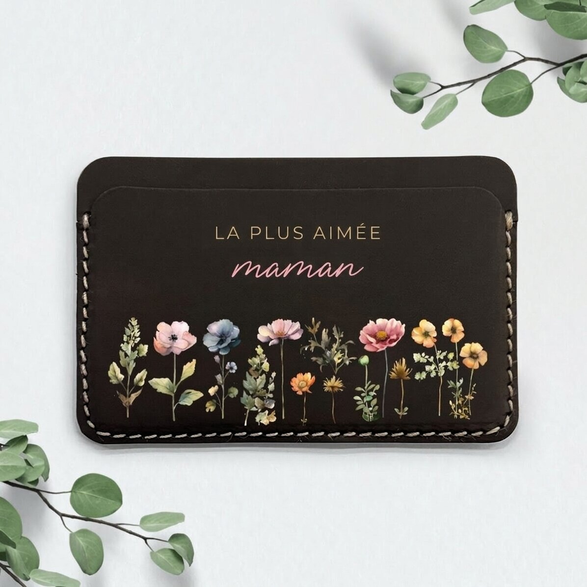 Portefeuille en cuir personnalisé, coloré, avec message - Motif floral