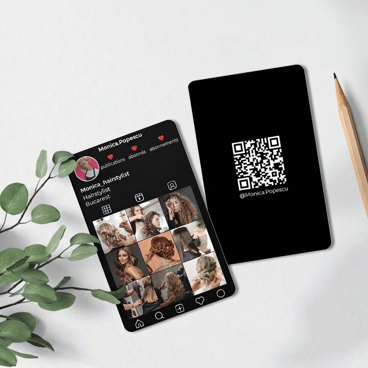 Carte de visite en aluminium personnalisée recto-verso avec code QR, texte et photos - Instagram