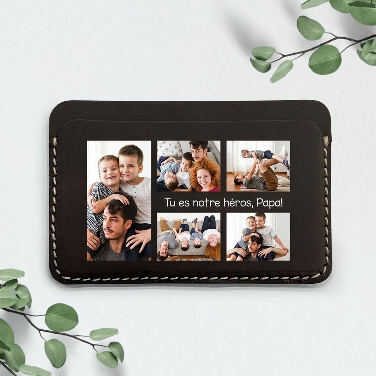 Portefeuille en cuir personnalisé, coloré, avec un message et 5 photos