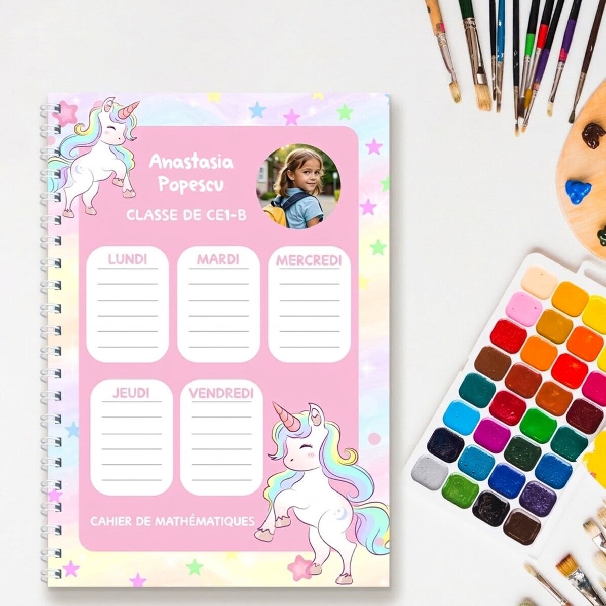 Carnet personnalisé avec photo et texte - Horaires Licornes