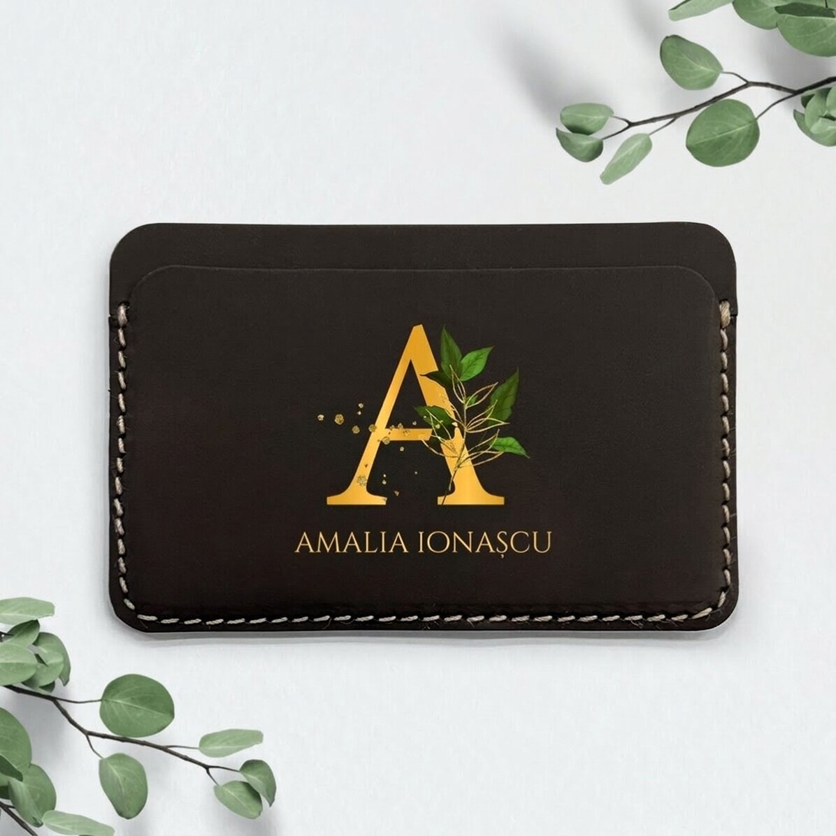 Portefeuille en cuir personnalisé, coloré, avec initiale et prénom - Or