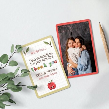 Carte en aluminium personnalisée recto-verso avec un message et une photo - merci