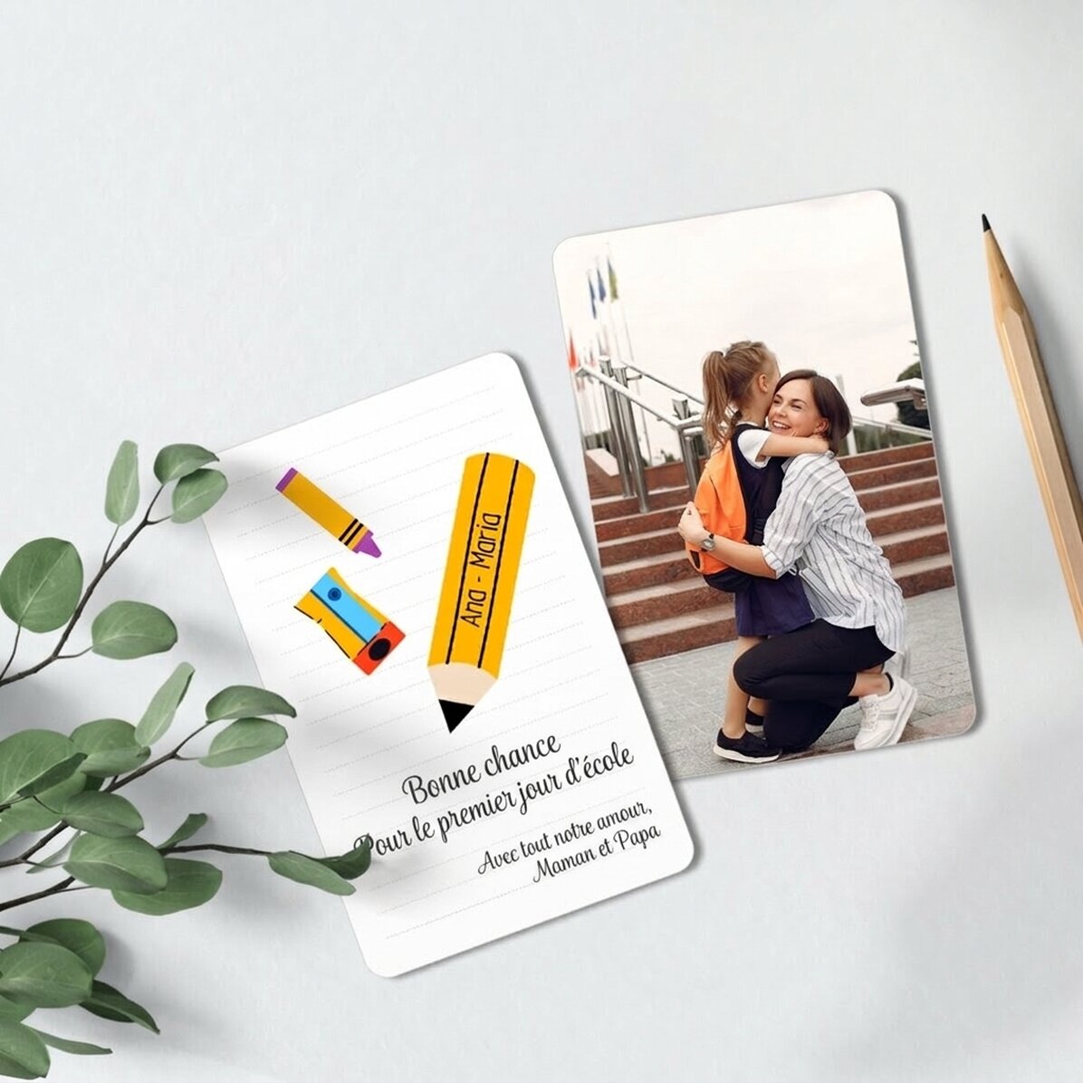 Carte en aluminium personnalisée recto-verso avec un message et une photo - Good Luck