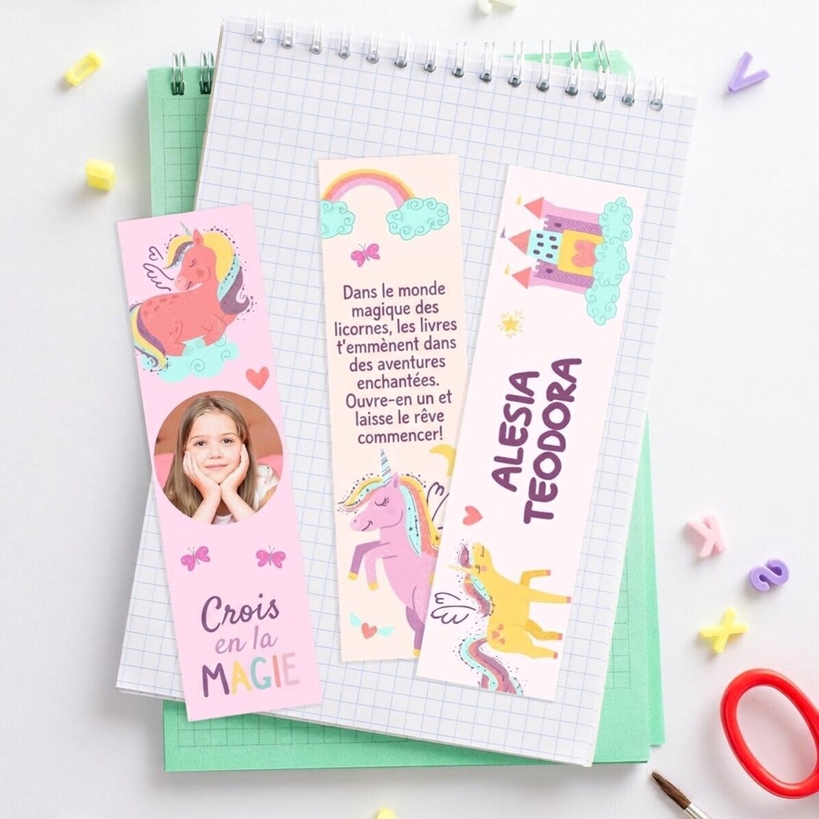 Lot de 3 marque-pages personnalisés avec photo, prénom et texte - Licornes