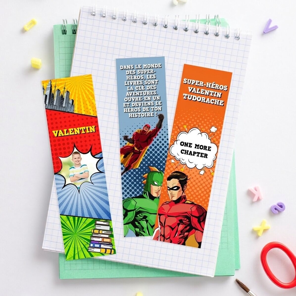 Lot de 3 marque-pages personnalisés avec photo et texte - Super-héros