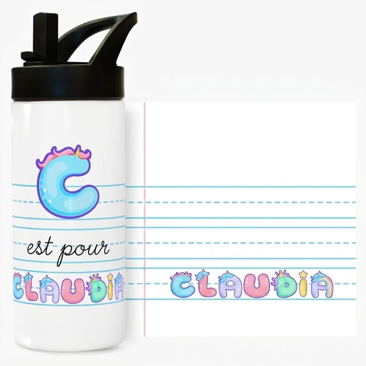 Thermos avec poignée et paille, personnalisé avec un prénom - modèle licorne