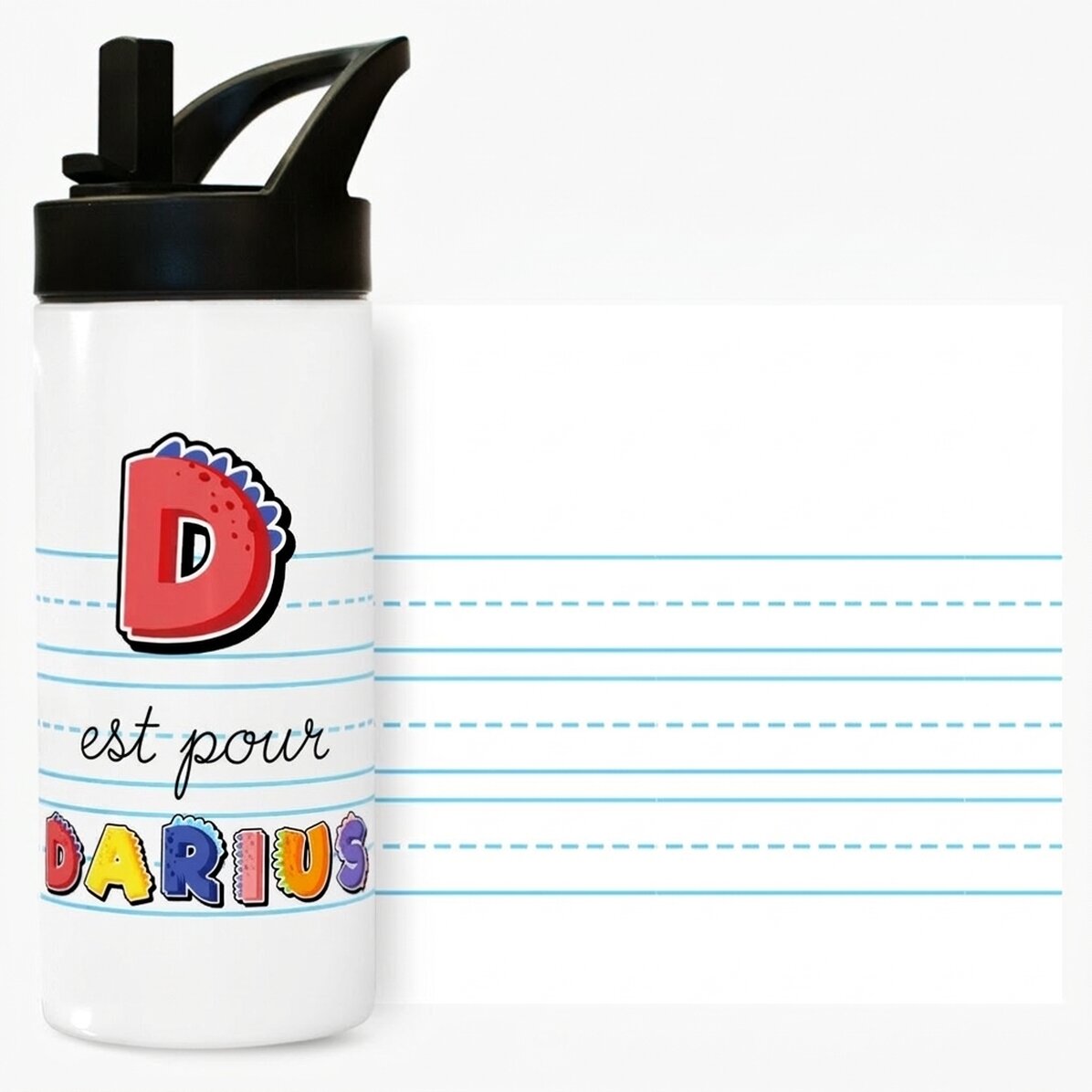Thermos avec poignée et paille, personnalisé avec un prénom - modèle dinosaure