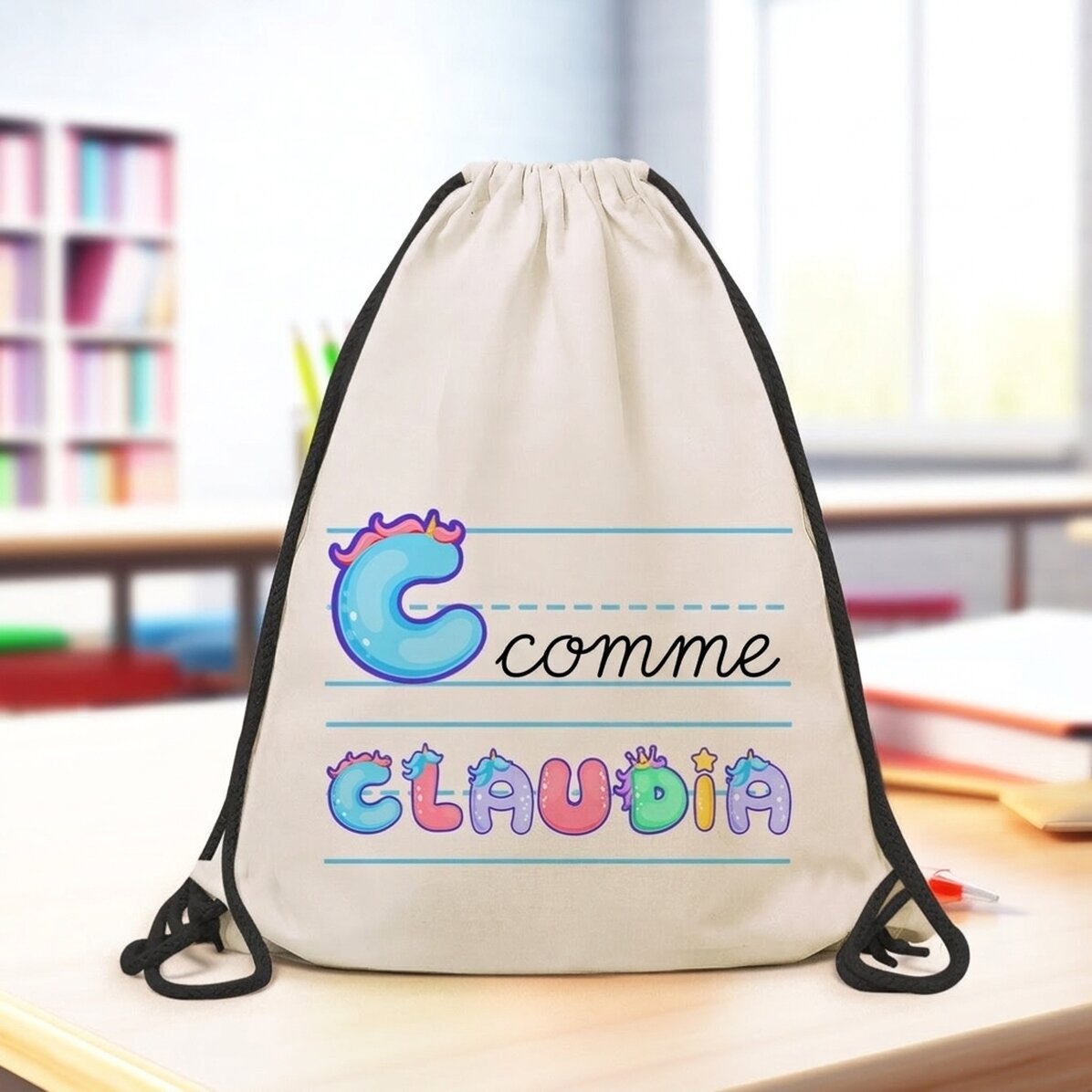 Sac à dos personnalisé avec prénom et message - Modèle licorne