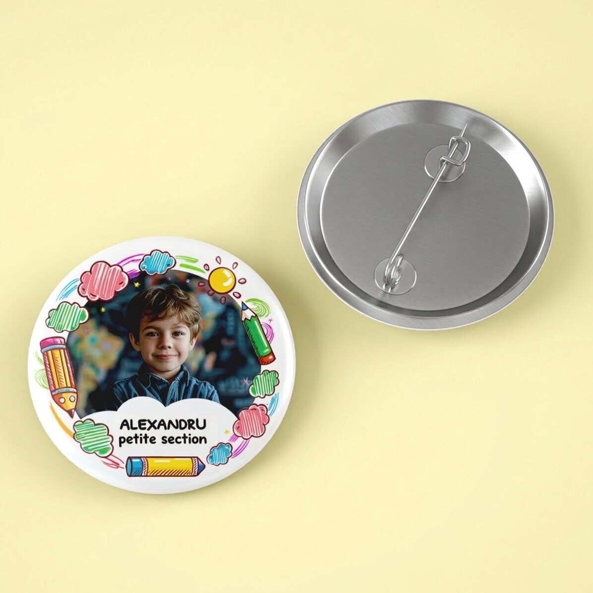 Badge personnalisé avec photo et texte - École maternelle