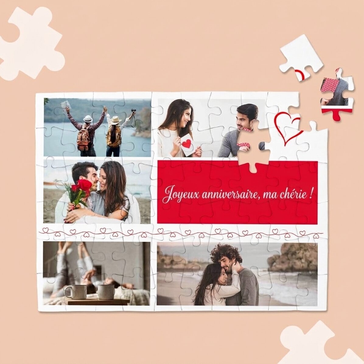 Puzzle personnalisé avec 5 photos et un texte - Hearts
