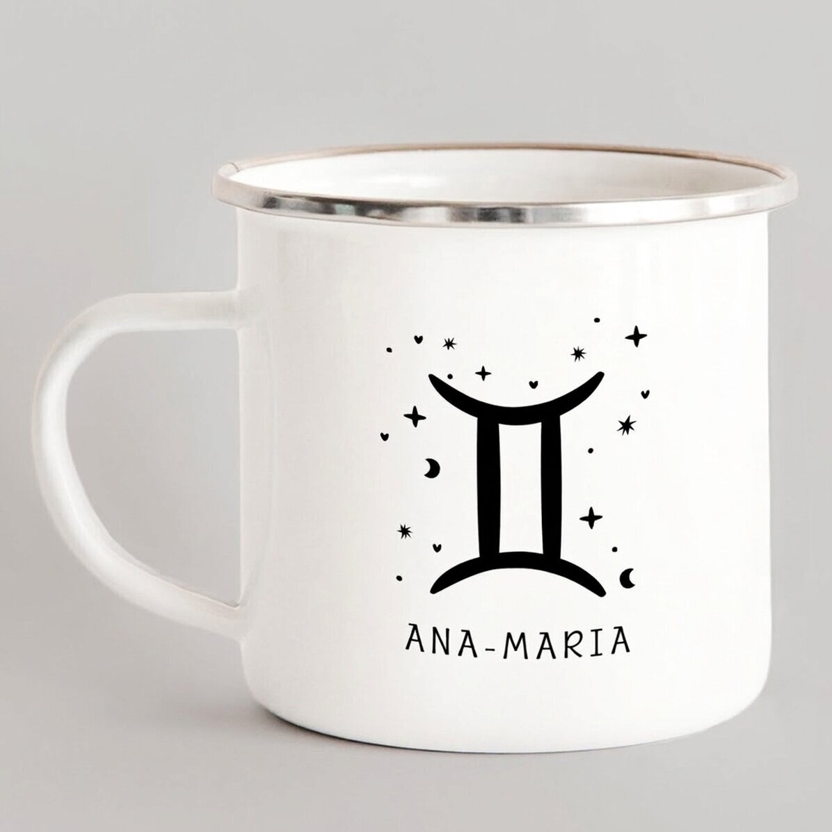 Tasse métallique émaillée personnalisée avec un message - Signe du zodiaque : Gémeaux