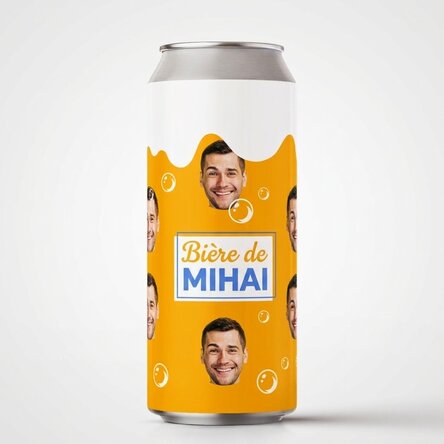Bière en canette personnalisée avec un texte et une photo