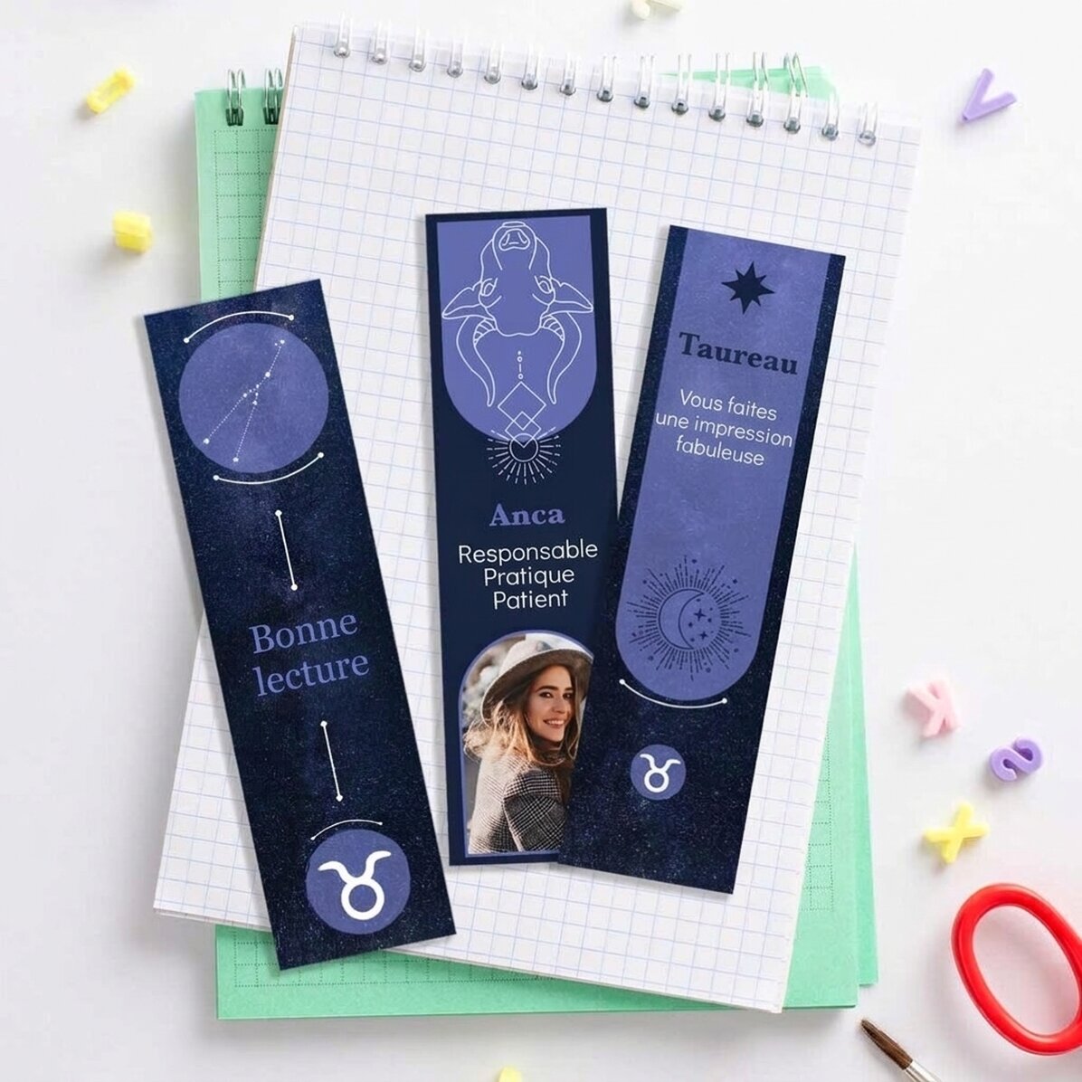 Lot de 3 marque-pages personnalisés avec message et photo - Signe du Taureau