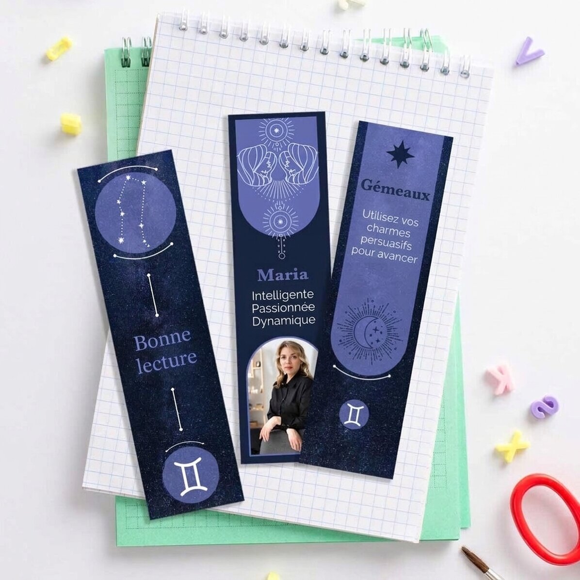 Lot de 3 marque-pages personnalisés avec message et photo - Signe du zodiaque : Gémeaux