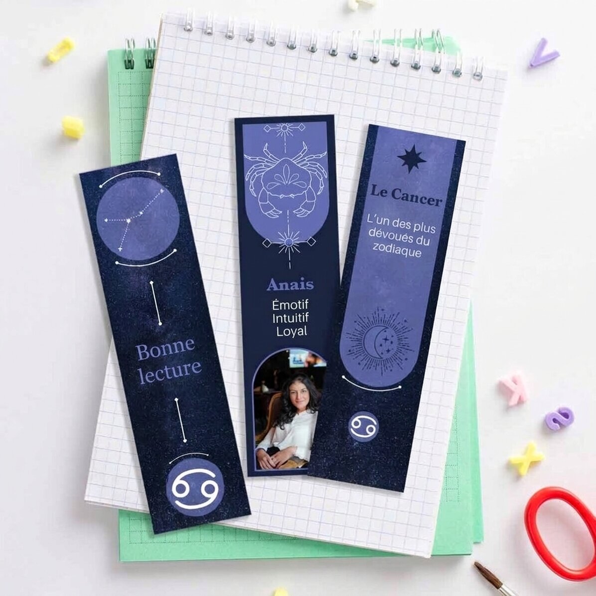 Lot de 3 marque-pages personnalisés avec message et photo - Signe du Cancer