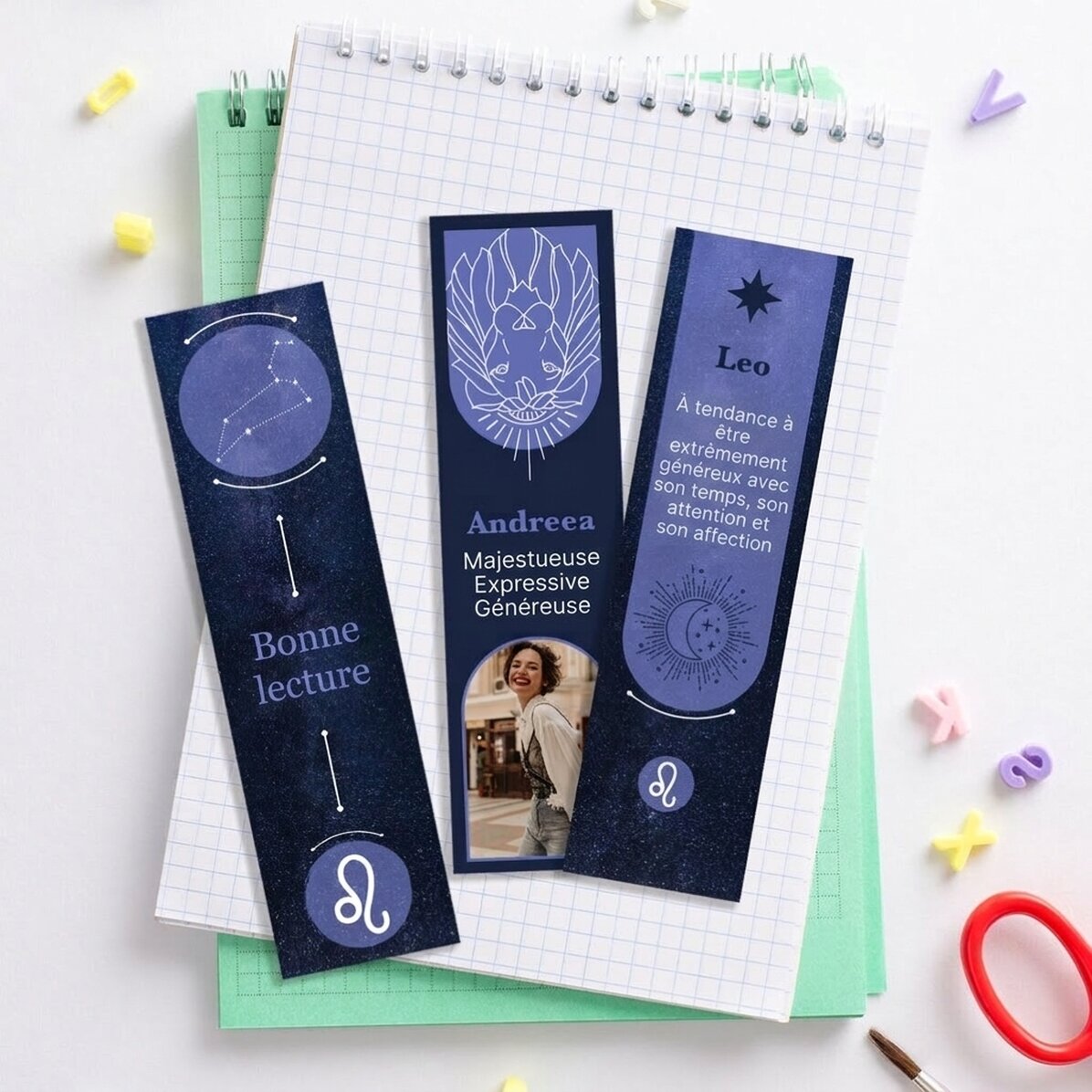 Lot de 3 marque-pages personnalisés avec message et photo - Signe du Lion