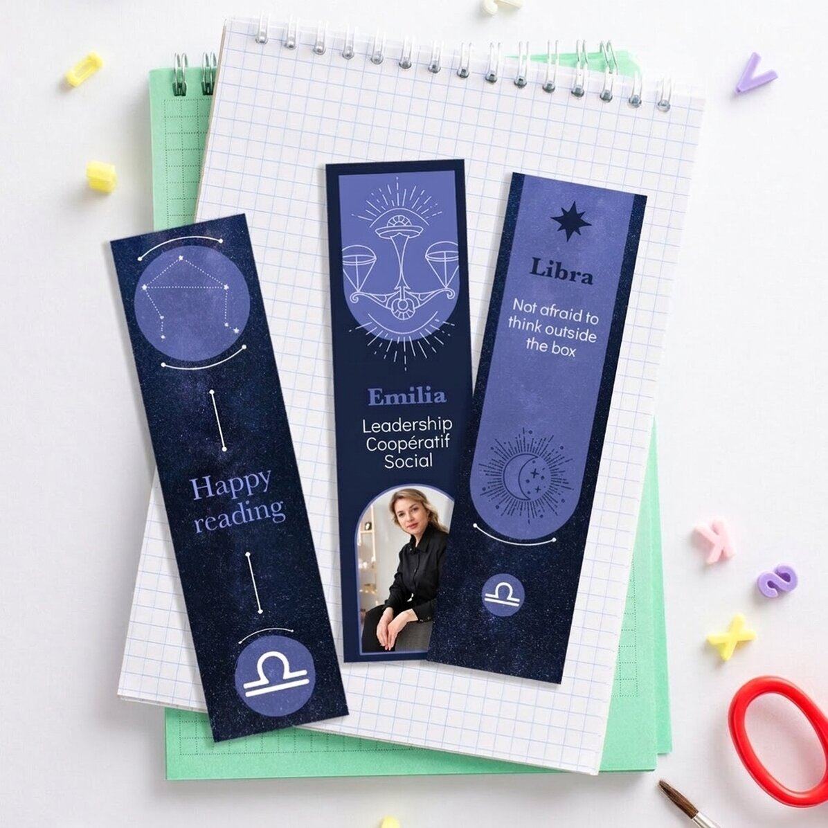 Lot de 3 marque-pages personnalisés avec message et photo - Signe du zodiaque : Balance