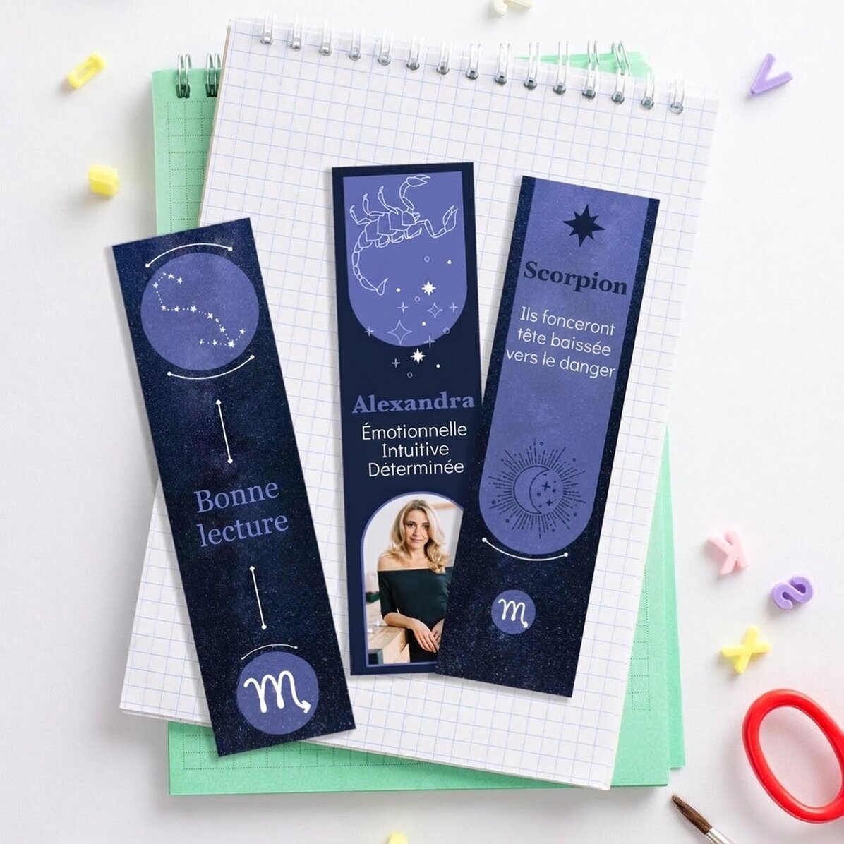 Lot de 3 marque-pages personnalisés avec message et photo - Signe du Scorpion