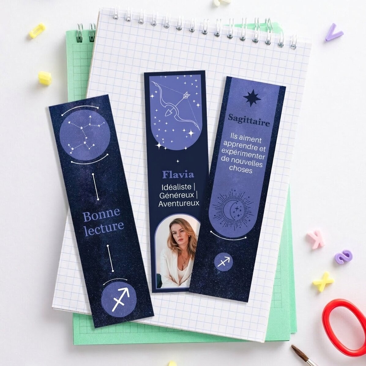 Lot de 3 marque-pages personnalisés avec message et photo - Signe du Sagittaire
