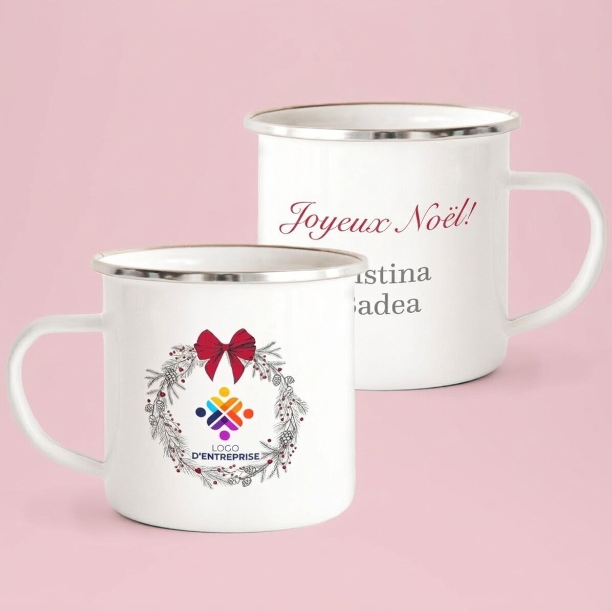 Tasse métallique émaillée avec inscription et logo - Joyeux Noël !