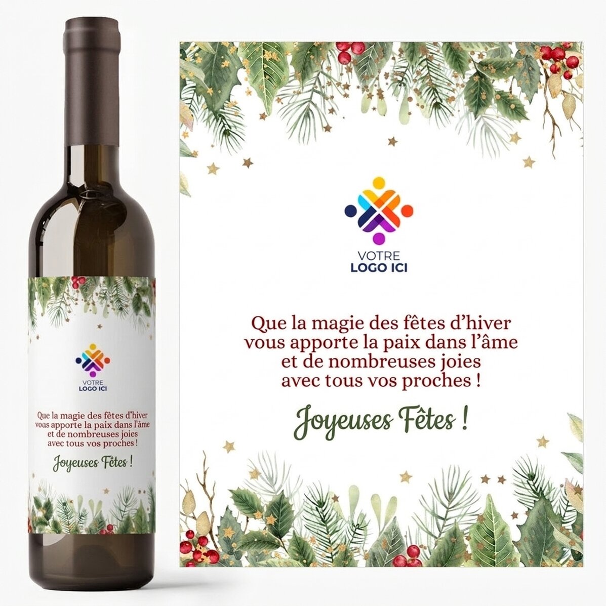 Vin personnalisé avec texte et logo - Joyeuses fêtes !