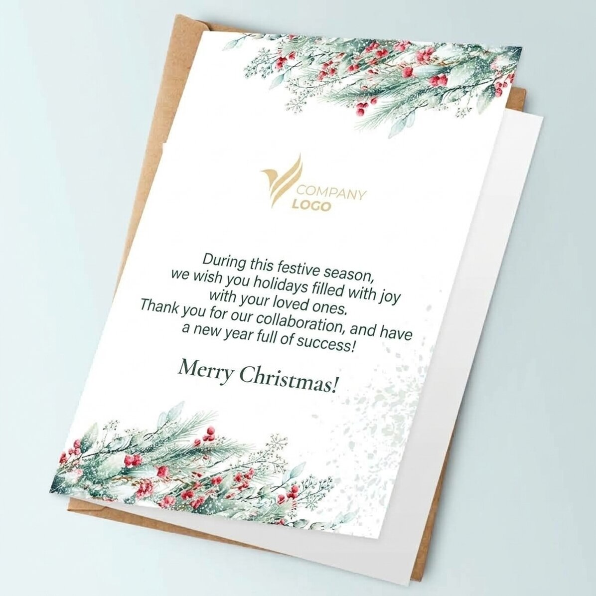 Carte de vœux personnalisée, recto-verso, avec texte et logo - Joyeux Noël !