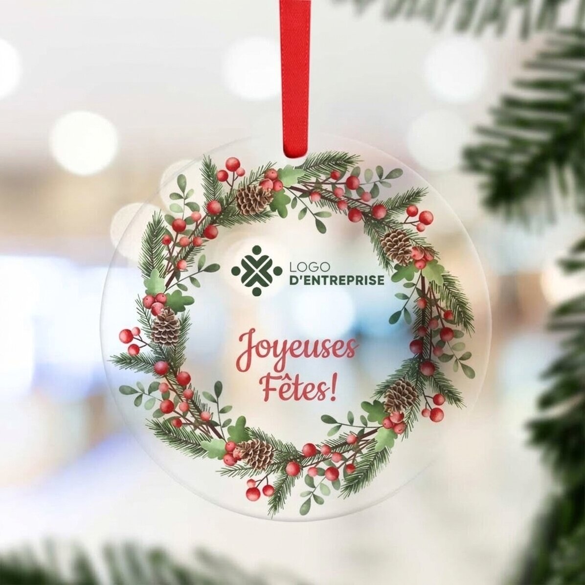Décoration ronde personnalisée avec logo et message - Joyeuses fêtes !