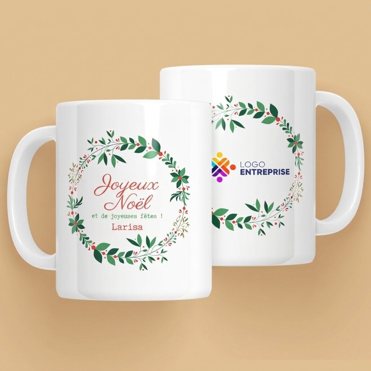 Tasse personnalisée avec texte et logo - Couronnes de Noël