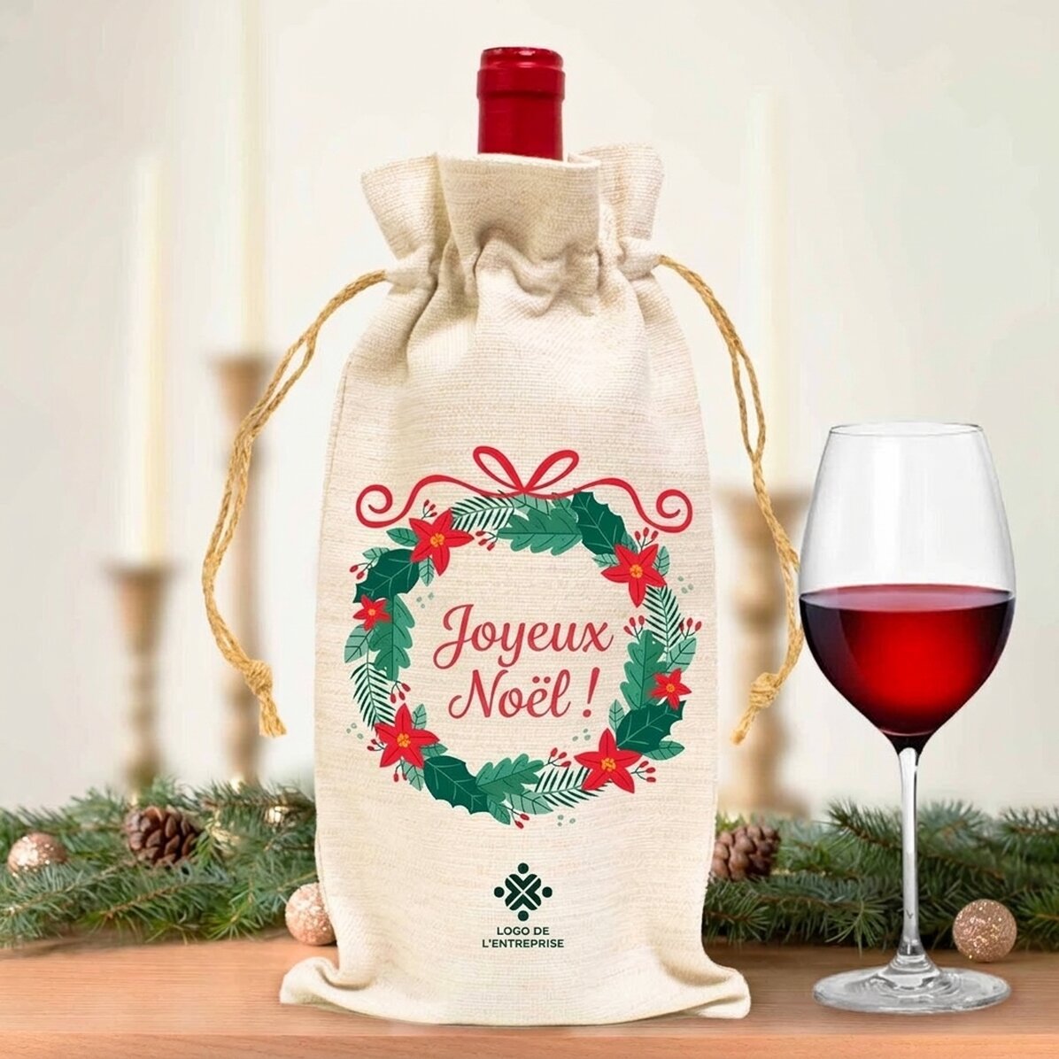 Sac personnalisé pour bouteille de vin avec logo et message - Joyeux Noël !