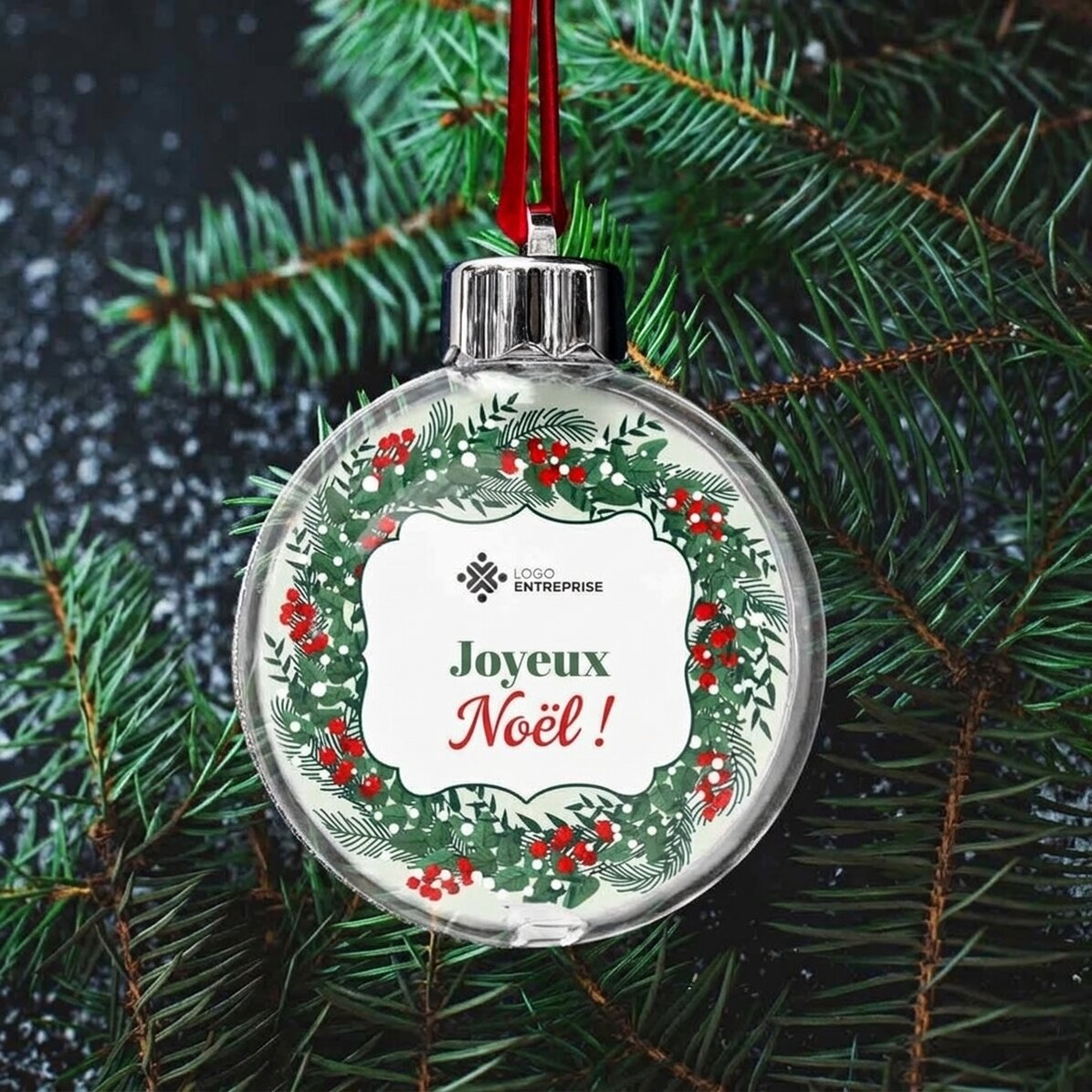 Boule de Noël personnalisée avec logo et message - Joyeux Noël !