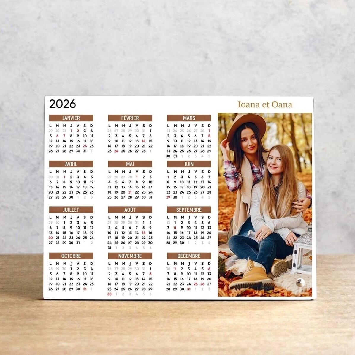 Cadre photo de bureau personnalisé avec une photo, un texte et un calendrier