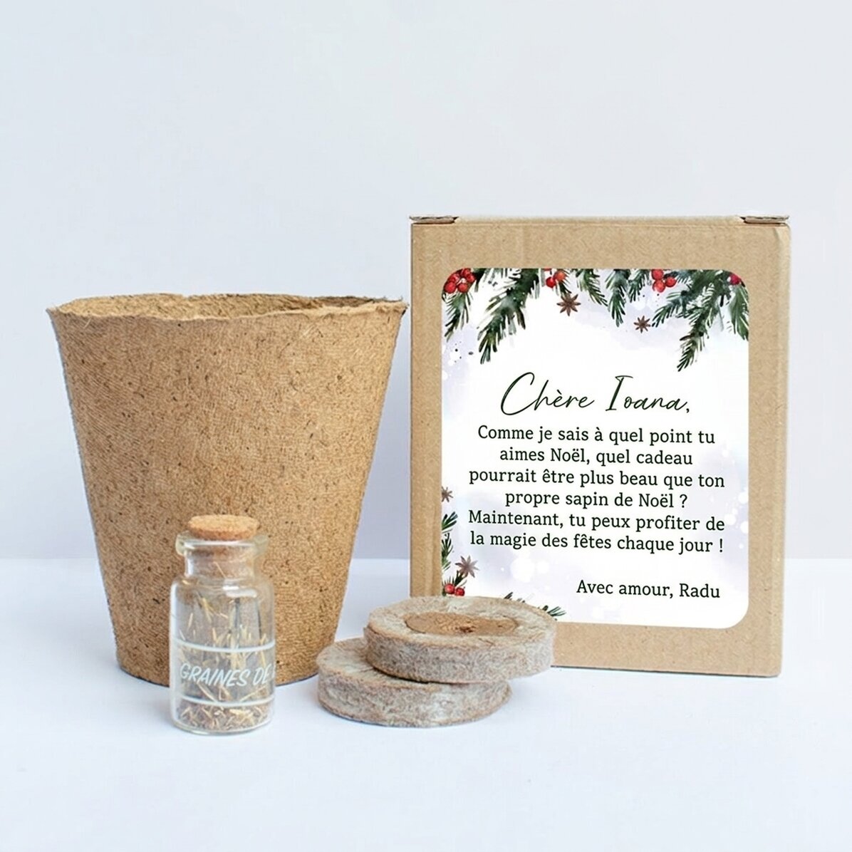 Kit de plantation de graines de sapin dans une petite boîte personnalisée avec un message de Noël