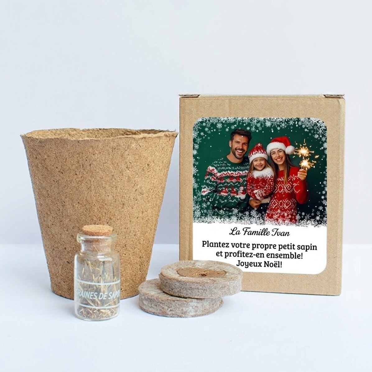 Kit de plantation de graines de sapin dans une petite boîte personnalisée avec une photo et un texte