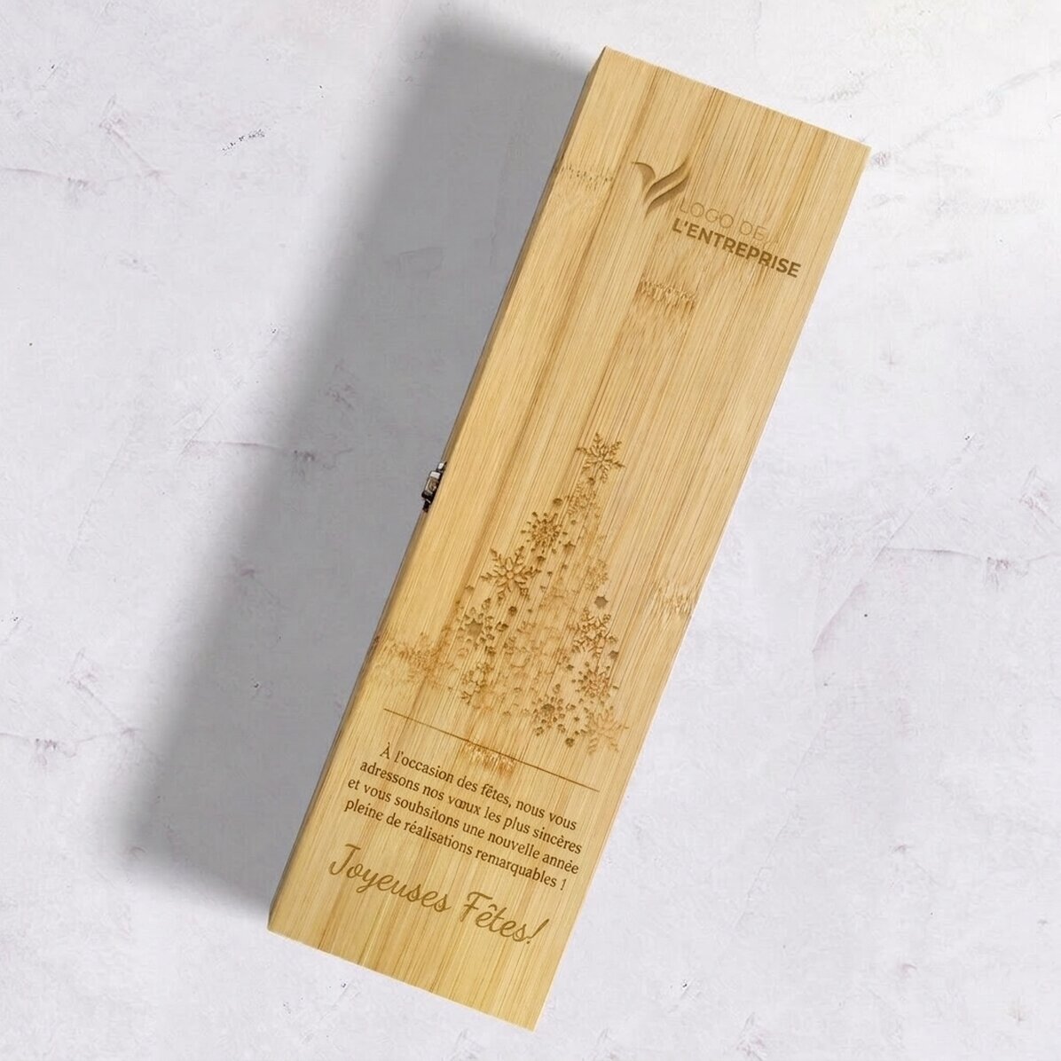 Coffret de vin avec accessoires, personnalisé avec un logo et un message - Joyeuses fêtes !