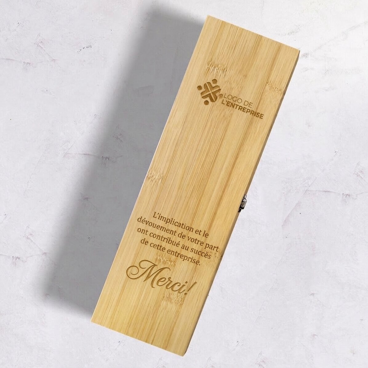 Coffret à vin en bambou avec accessoires, personnalisé avec un logo et un texte - Merci !