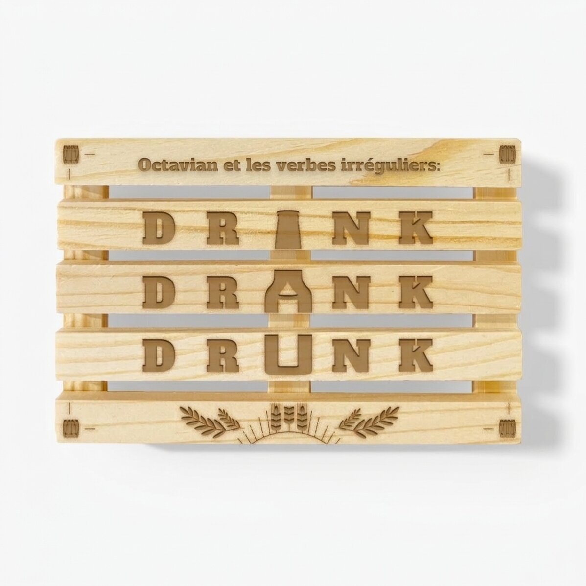 Sous-verre en forme de palette personnalisé avec le texte « Drink Drank Drunk »