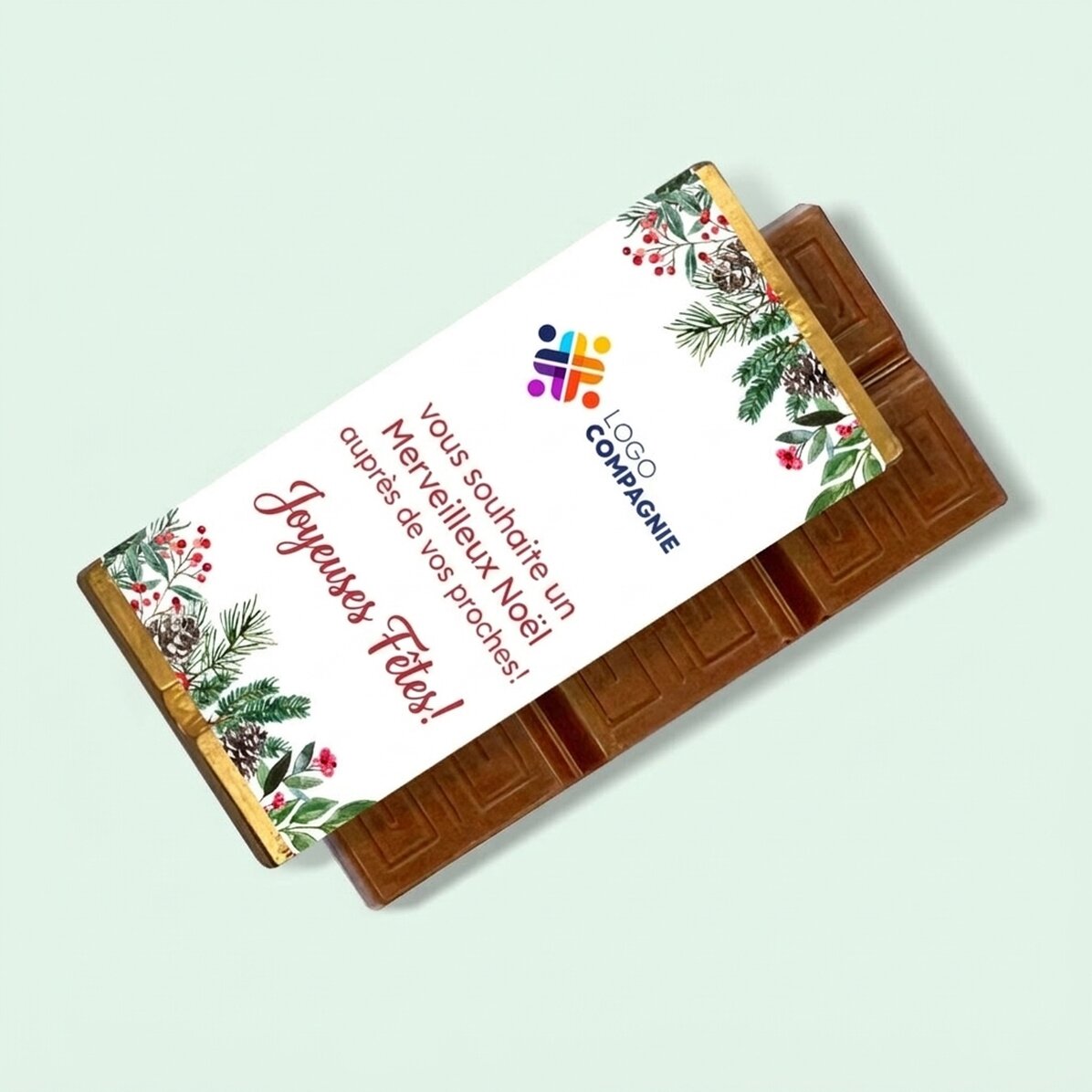 Mini-tablette de chocolat personnalisée avec un logo et un message de Noël