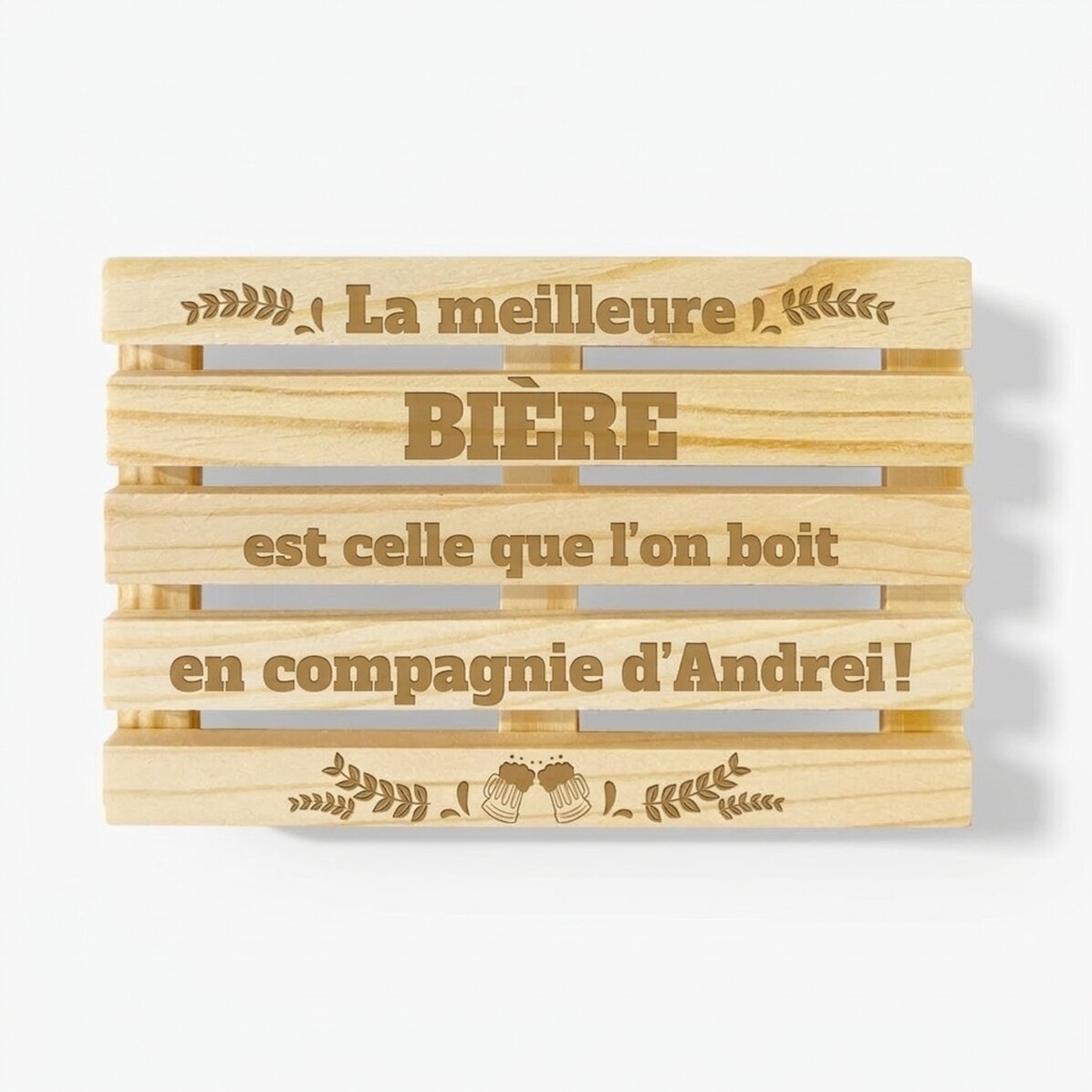 Sous-verre en forme de palette personnalisé avec le texte « La meilleure bière »