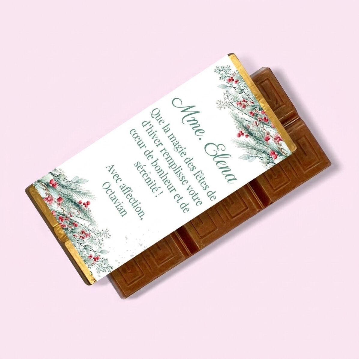 Mini-tablette de chocolat personnalisée avec un message de Noël