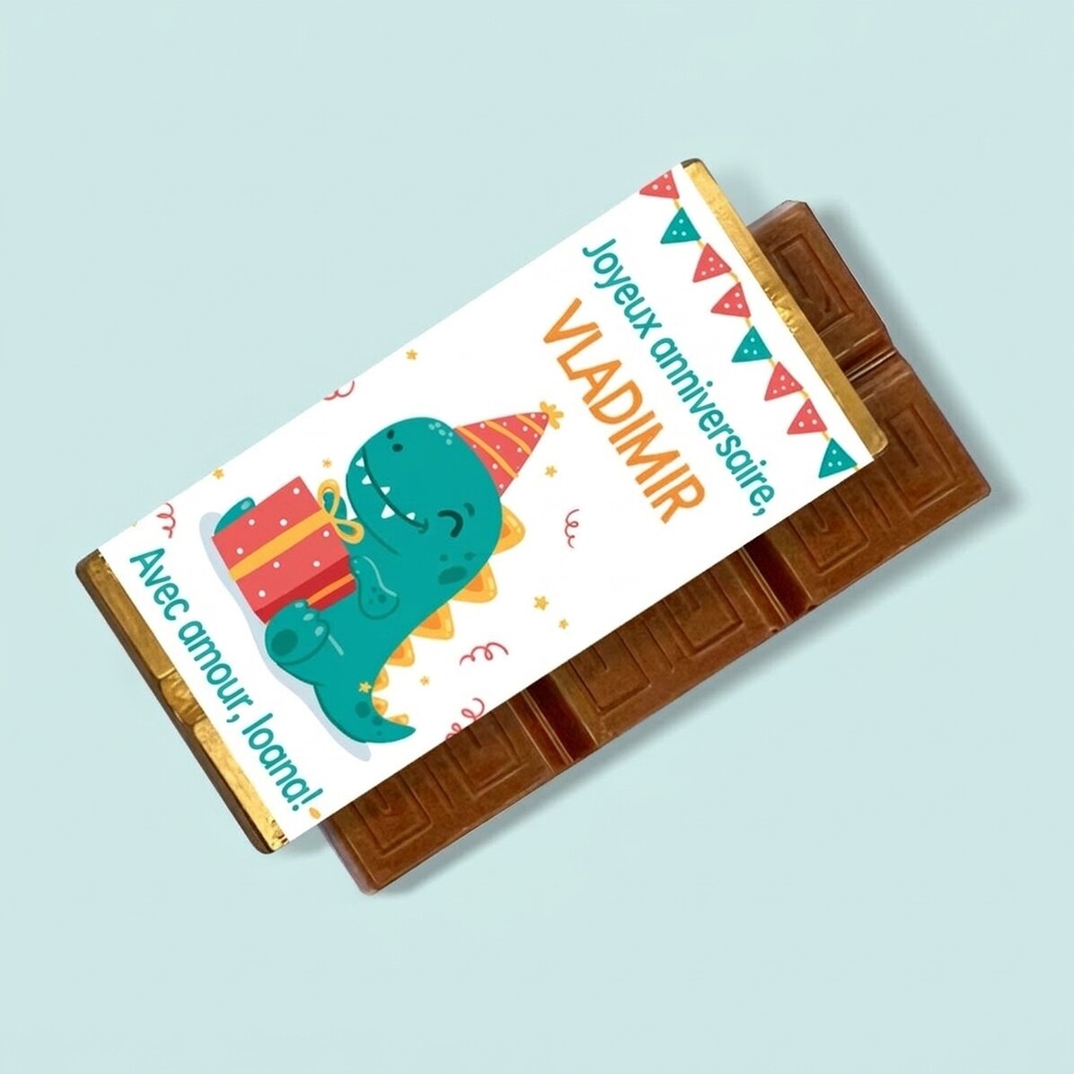 Mini-tablette de chocolat personnalisée avec un message - Happy Dino