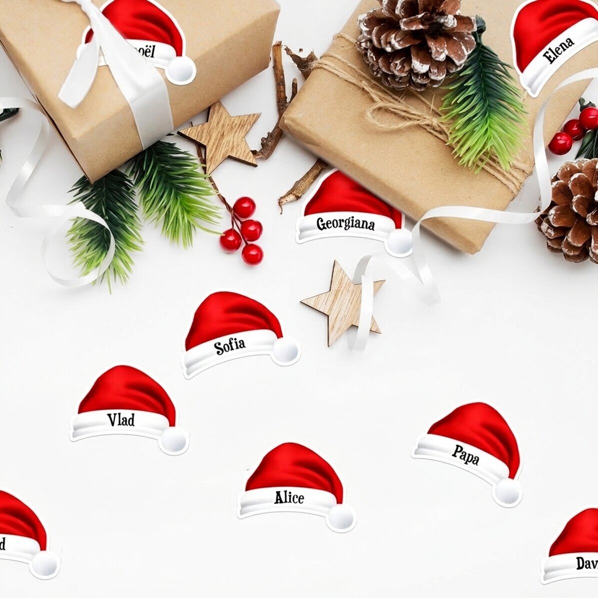 Lot de 12 autocollants (étiquettes adhésives) personnalisés avec un prénom - Père Noël