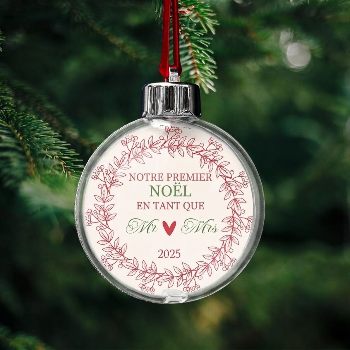 Boule transparente personnalisée recto-verso avec une photo et un message - Notre premier Noël en ta